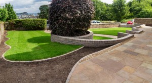 Garden design, path, walling, steps and turfing by Stow Construction & Landscaping in St Margaret's Road, North Berwick, East Lothian 2014 using Marshalls Fairstone Riven Harena Autumn Bronze Multi, Drivesett walling Traditional, turf and decorative gravel.